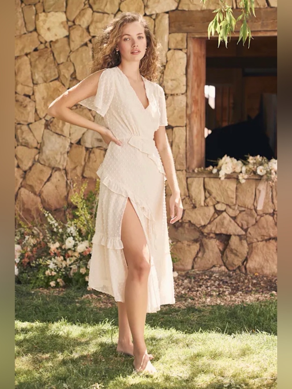 Lulu’s Next to You Cream Swiss Dot Ruffled Midi Dress